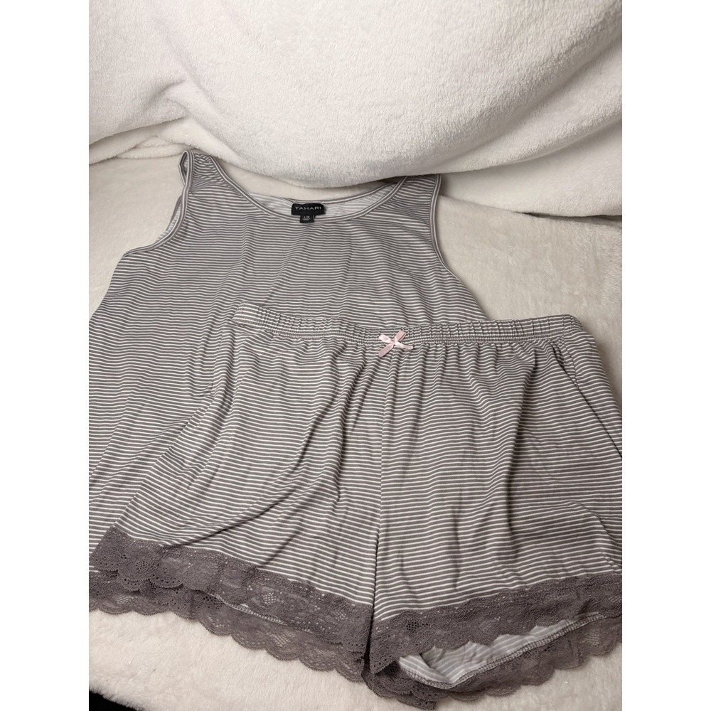 Tahari Knit Sleepwear Set Large Gray White Horizontal Stripes Lace Trim 2 Piece